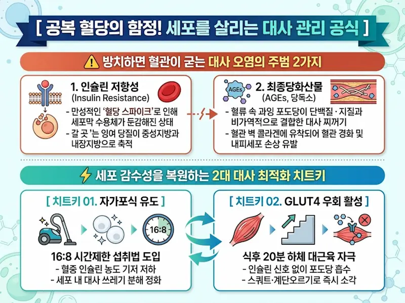 인슐린 저항성과 최종당화산물이 혈관 건강에 미치는 악영향과 이를 개선하기 위한 2가지 대사 최적화 치트키(자가포식 유도, GLUT4 우회 활성)를 설명하는 인포그래픽 이미지.