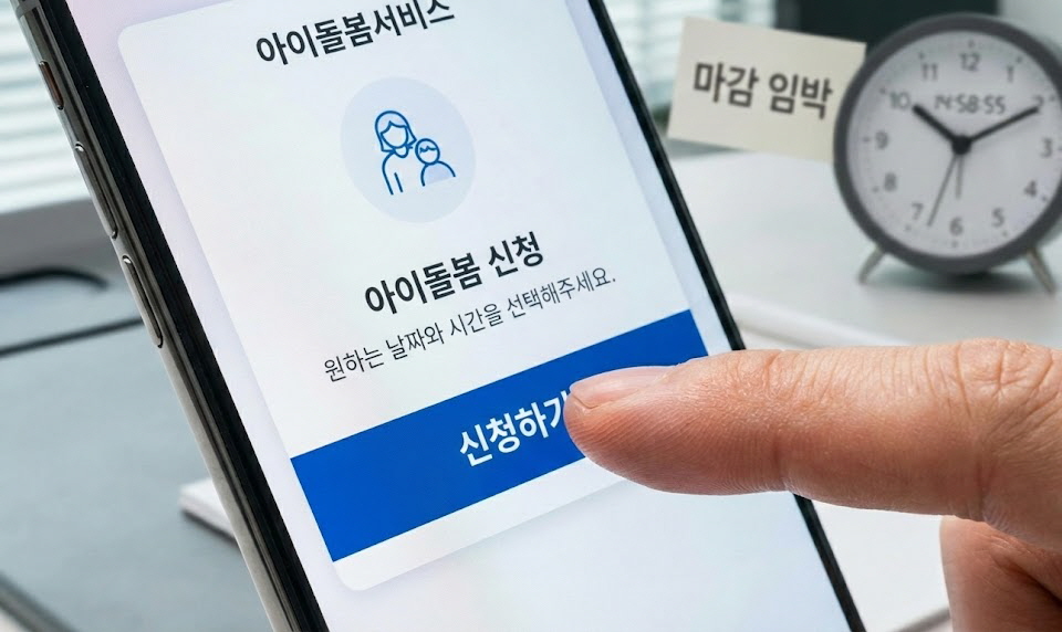 스마트폰 화면을 터치하는 손 클로즈업, 뒤쪽으로 흐릿하게 보이는 탁상 시계가 시간을 재촉하는 모습.