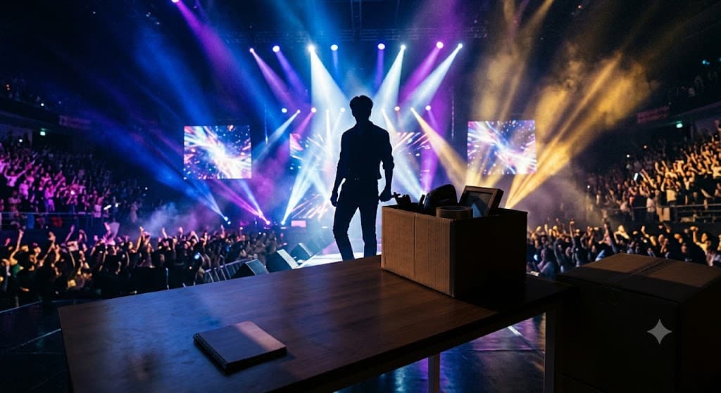 화려한 콘서트 무대 조명 아래 실루엣으로 서 있는 남성 아이돌, 역동적인 스포트라이트, 사실적인 사진 스타일