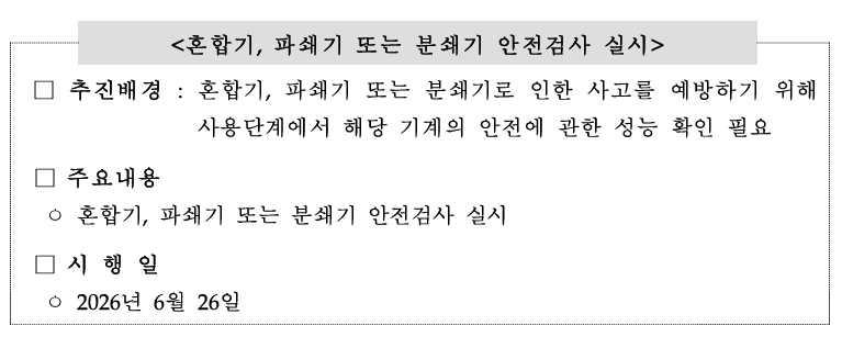 혼합기, 파쇄기 또는 분쇄기 안전검사 실시