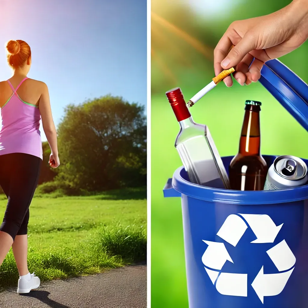 스트레스 해소를 위한 야외 운동을 하고 있는 사람&amp;#44; 금연과 절주를 실천하는 모습