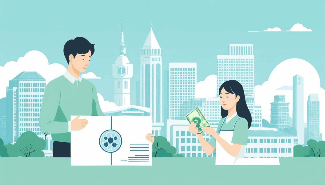 남성이 서류를 전달하고 여성이 현금을 받고 있는 지원금 수령 장면. 도시 배경