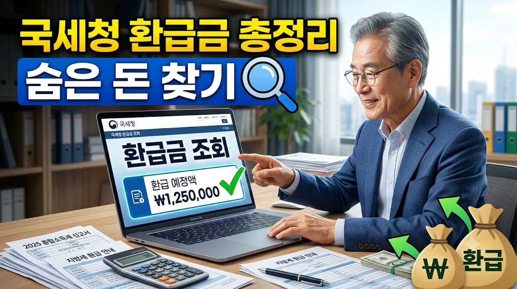 정갈한 나무 책상 위에 놓인 노트북 화면에 금융 그래프와 환급금 계산 인터페이스가 켜져 있고, 그 옆으로 깔끔한 계산기, 만년필, 세무 서류, 커피 한 잔이 놓여 있는 신뢰감 주는 네이비와 골드 톤의 1:1 정방형 세무 환급 조회 썸네일 이미지