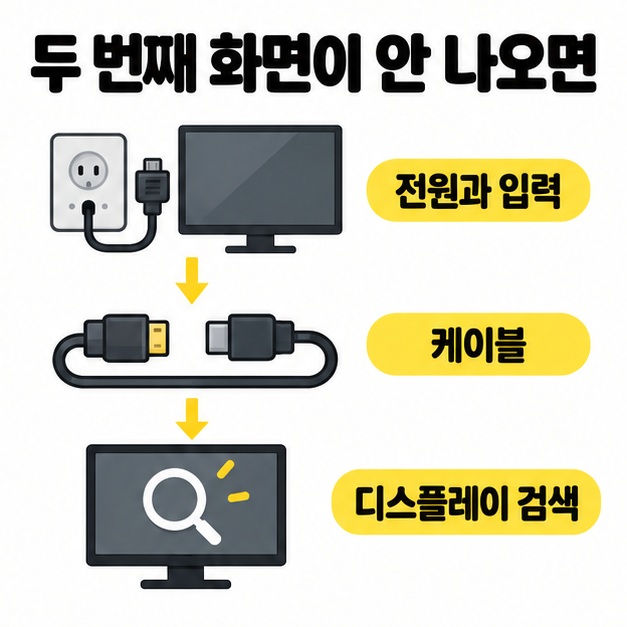 두 번째 화면이 나오지 않을 때 전원과 입력, 케이블, 디스플레이 검색을 차례로 확인하는 흐름도