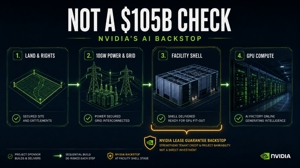Diagram showing the Land, Power, Shell (LPS) bottleneck flow and Nvidia's lease guarantee mechanism