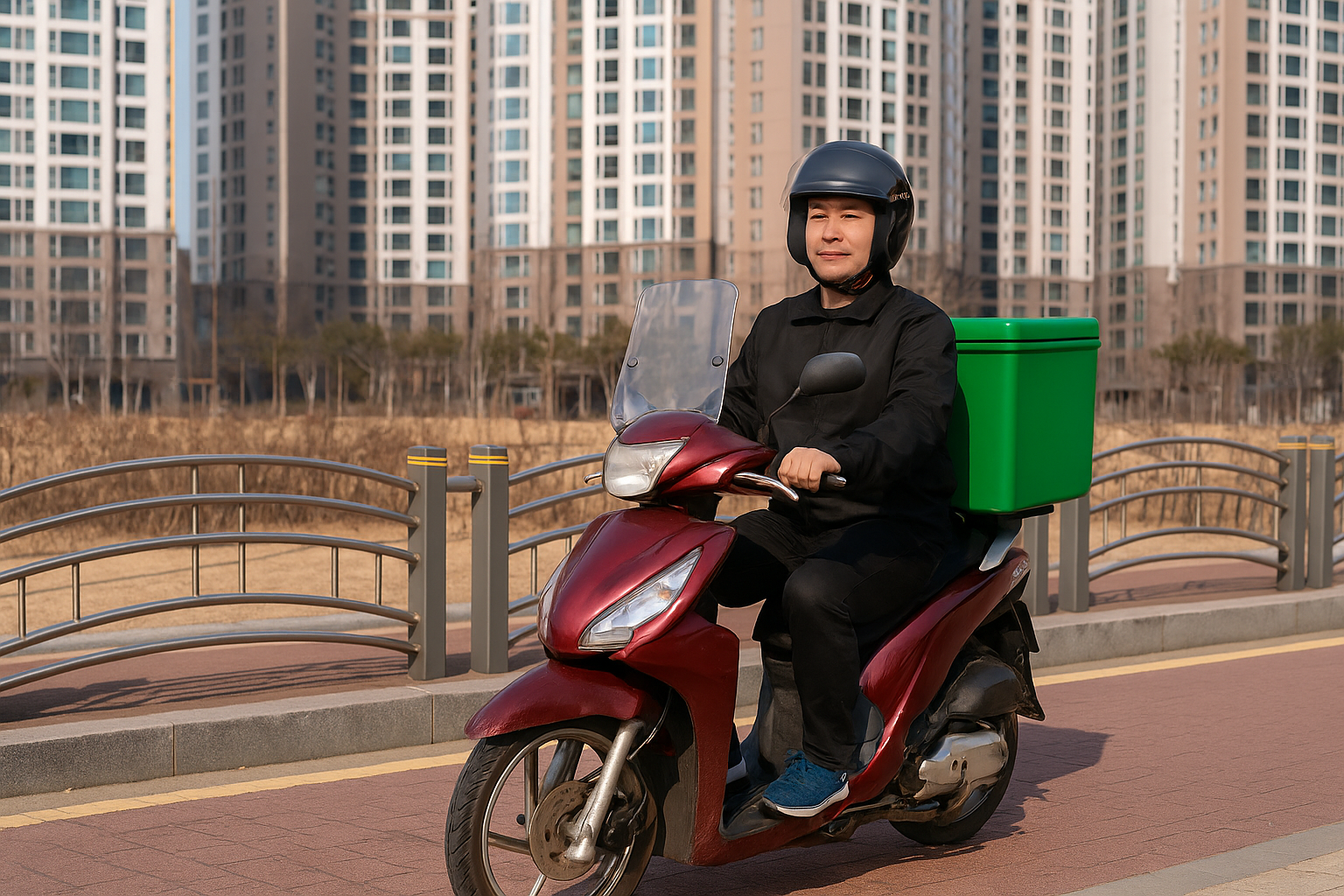 아파트 단지 앞 도로에서 헬멧과 라이딩 재킷을 착용한 채 오토바이에 앉아 밝게 웃고 있는 50대 남성 배달기사의 모습 (50대 재취업 성공사례)