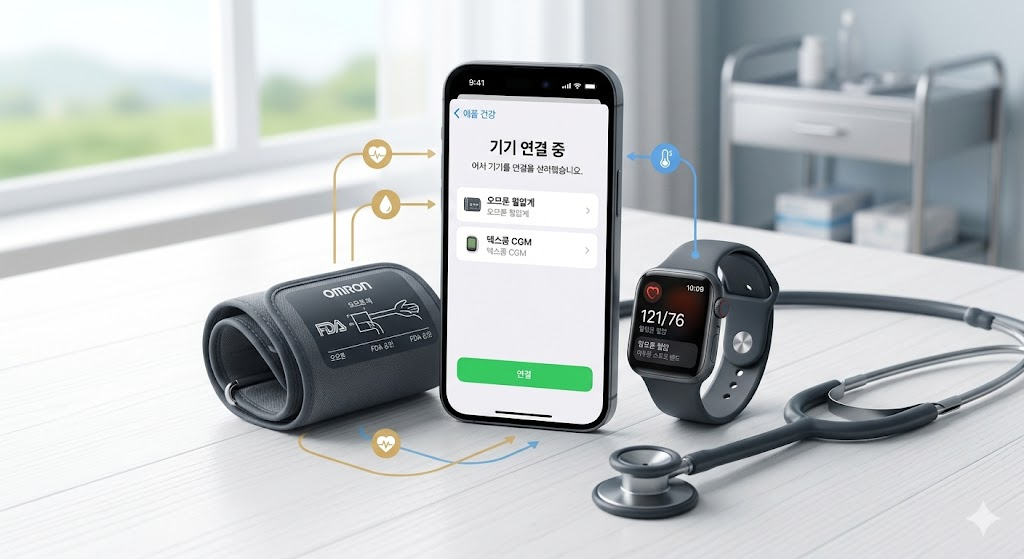 아이폰, 애플워치, 혈압계가 유기적으로 연동되어 종합적인 건강 관리를 수행하는 장비 구성