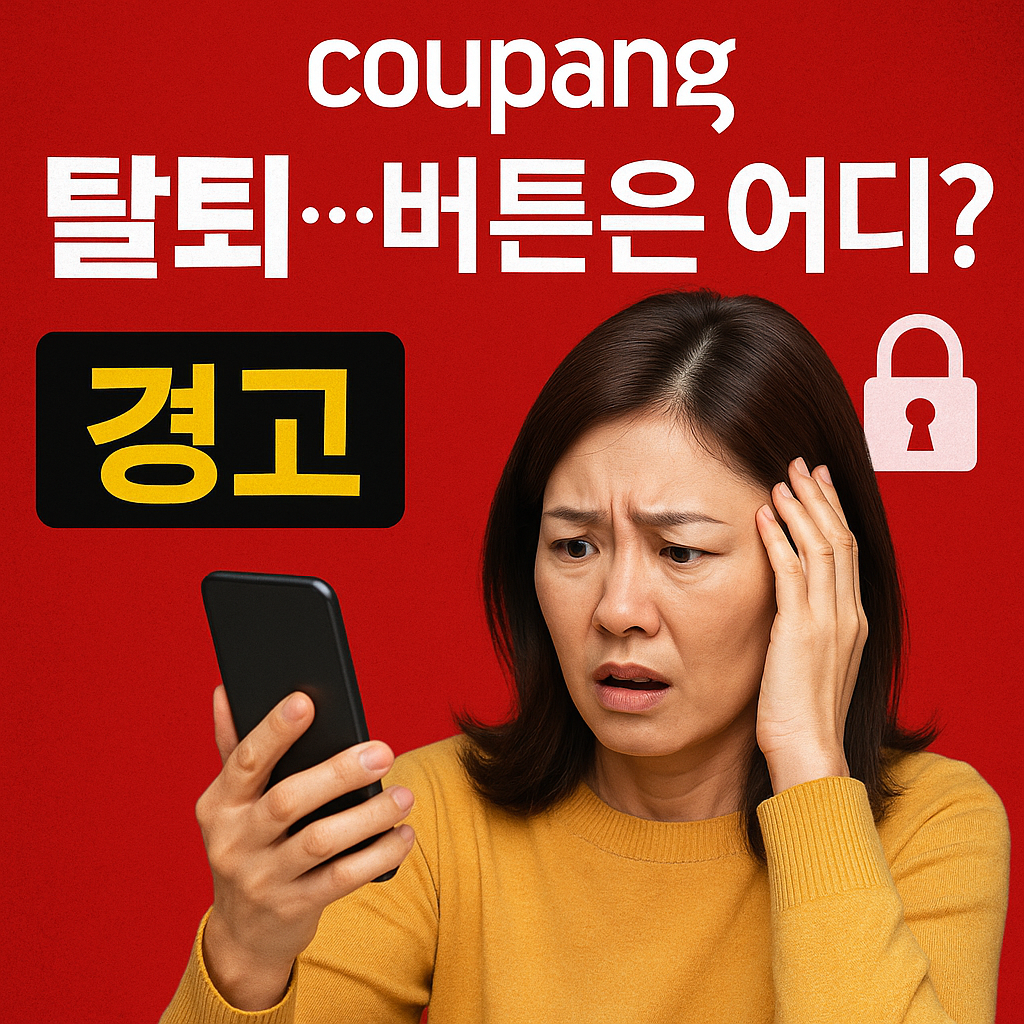 쿠팡 이용자가 회원 탈퇴 버튼을 찾지 못해 혼란을 겪는 장면을 경고 메시지와 자물쇠 아이콘으로 강조한 붉은색 배경의 뉴스형 썸네일 이미지