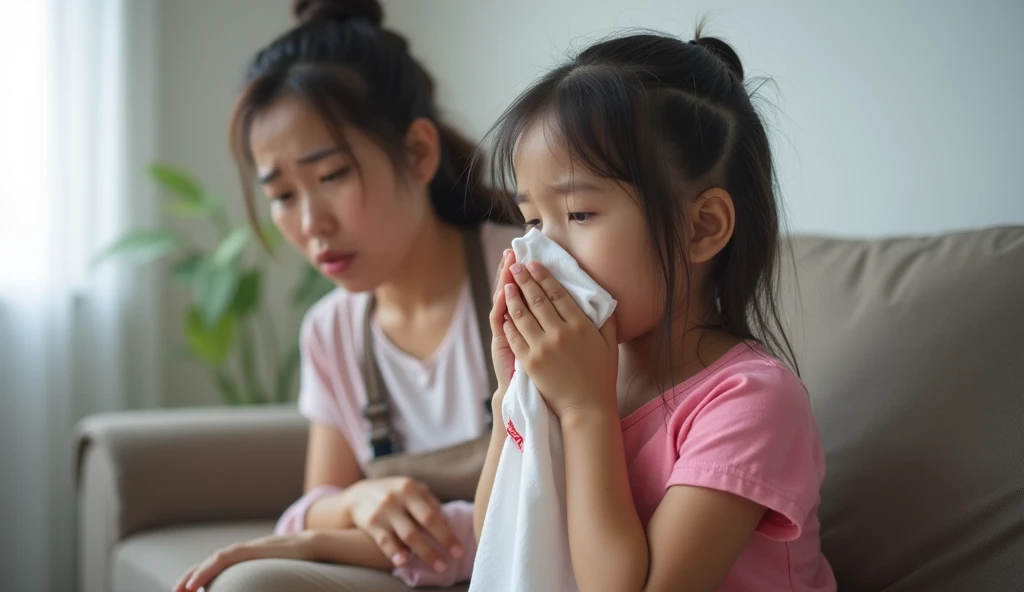 감기에 걸린 아이와 엄마 이미지