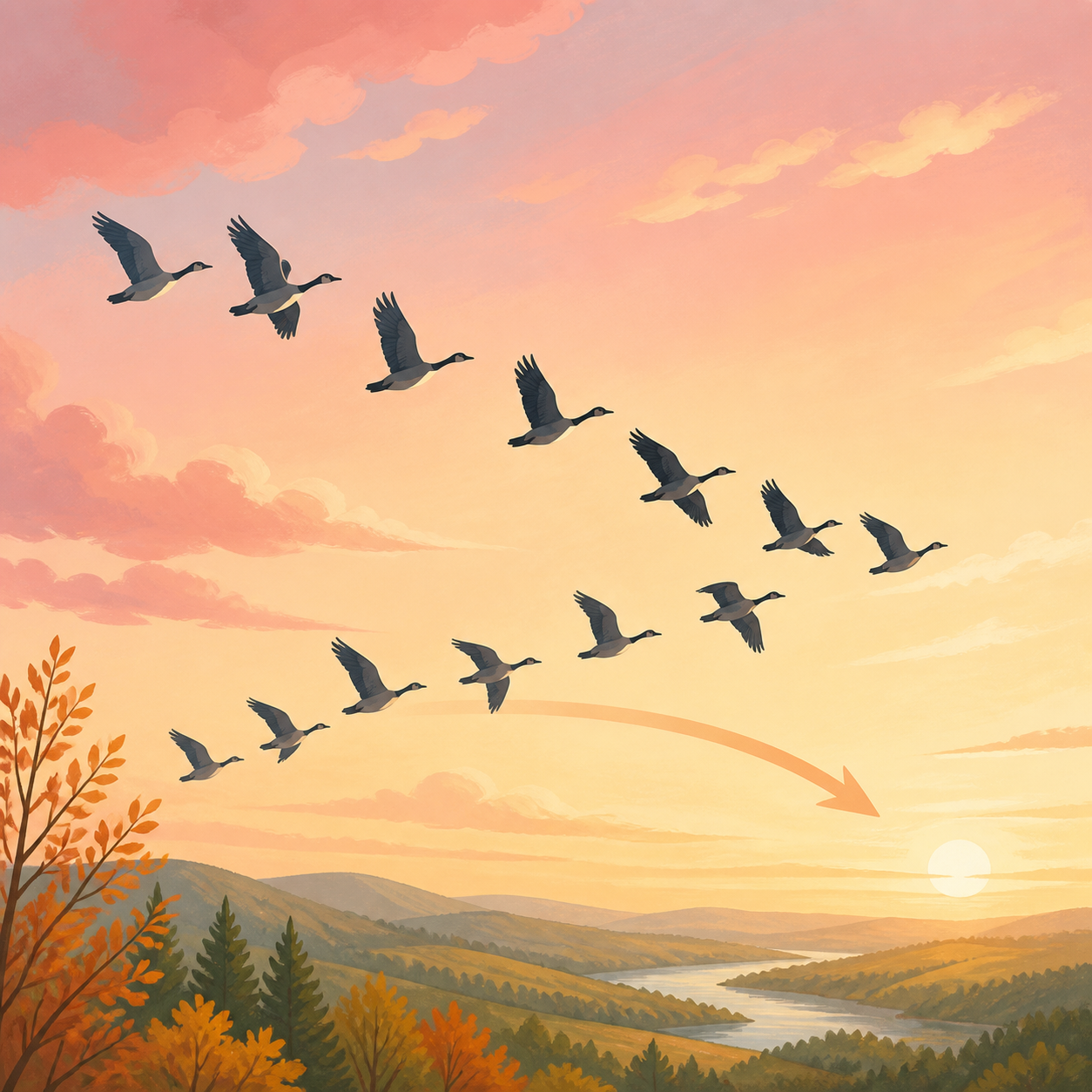 A flock of birds flying south for winter across an autumn sky