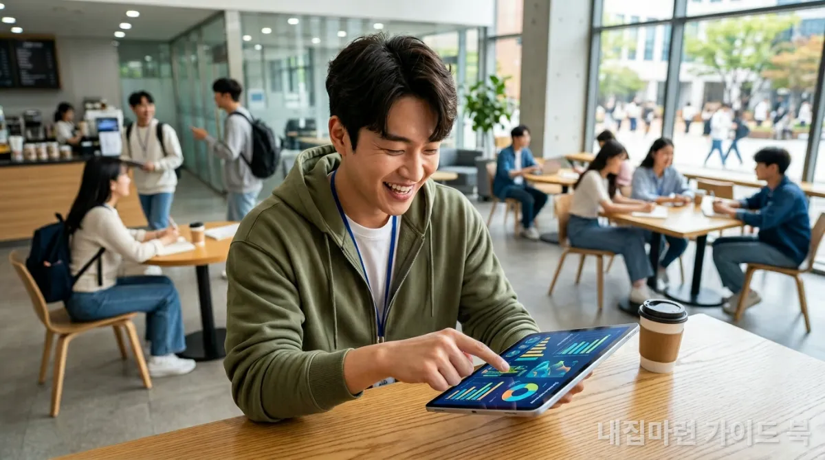 청년 주택드림 청약통장 및 대출 정보를 스마트폰으로 확인하는 한국인 청년의 모습