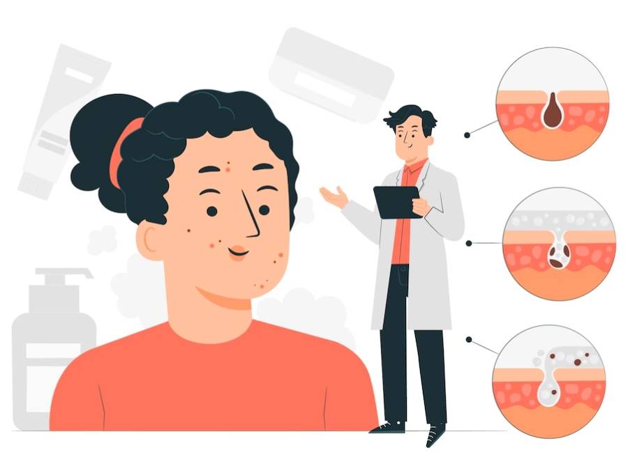 피부질환으로 인해 의사와 상담하고 있는 캐릭터