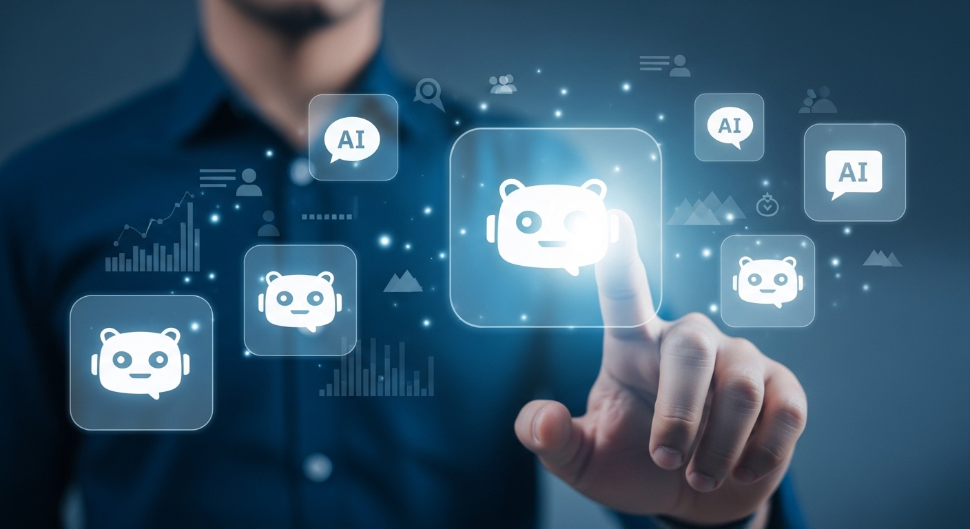 다양한 AI 챗봇 아이콘 앞에서 사용자가 자신에게 맞는 챗봇을 현명하게 선택하는 과정을 시각적으로 표현한 이미지.