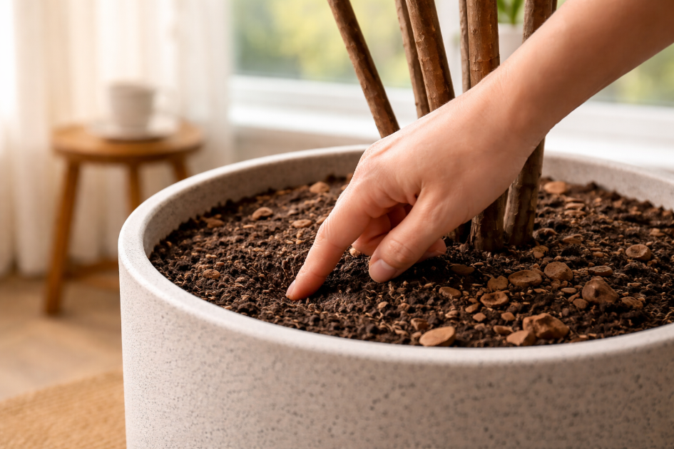 손가락으로 화분 흙의 수분 상태를 확인하는 모습