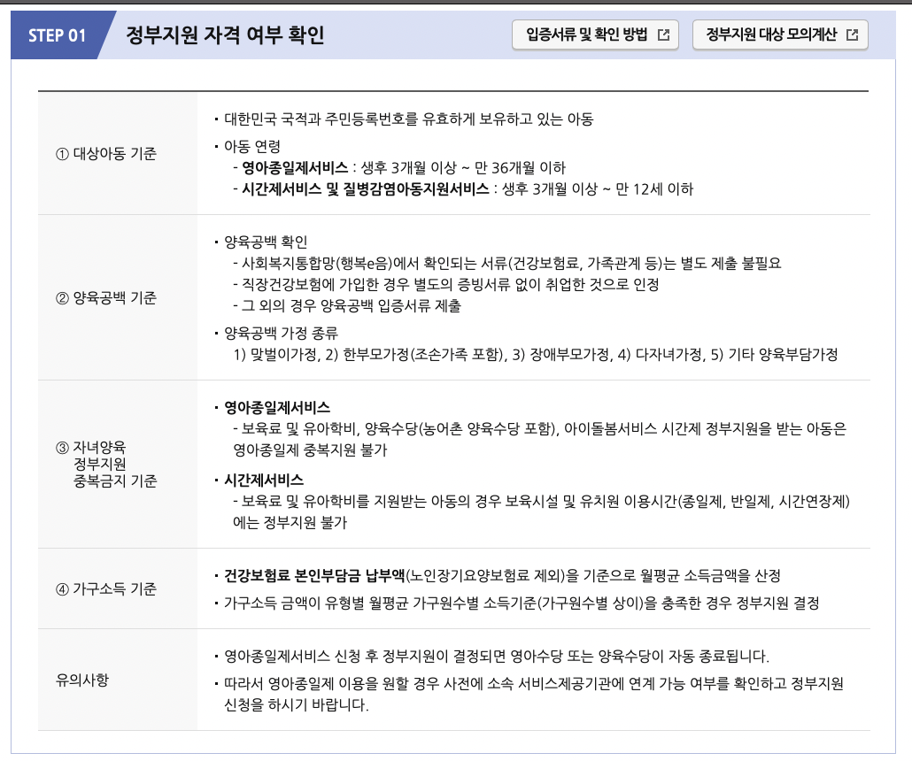 아이돌봄서비스 정부지원 자격 요건