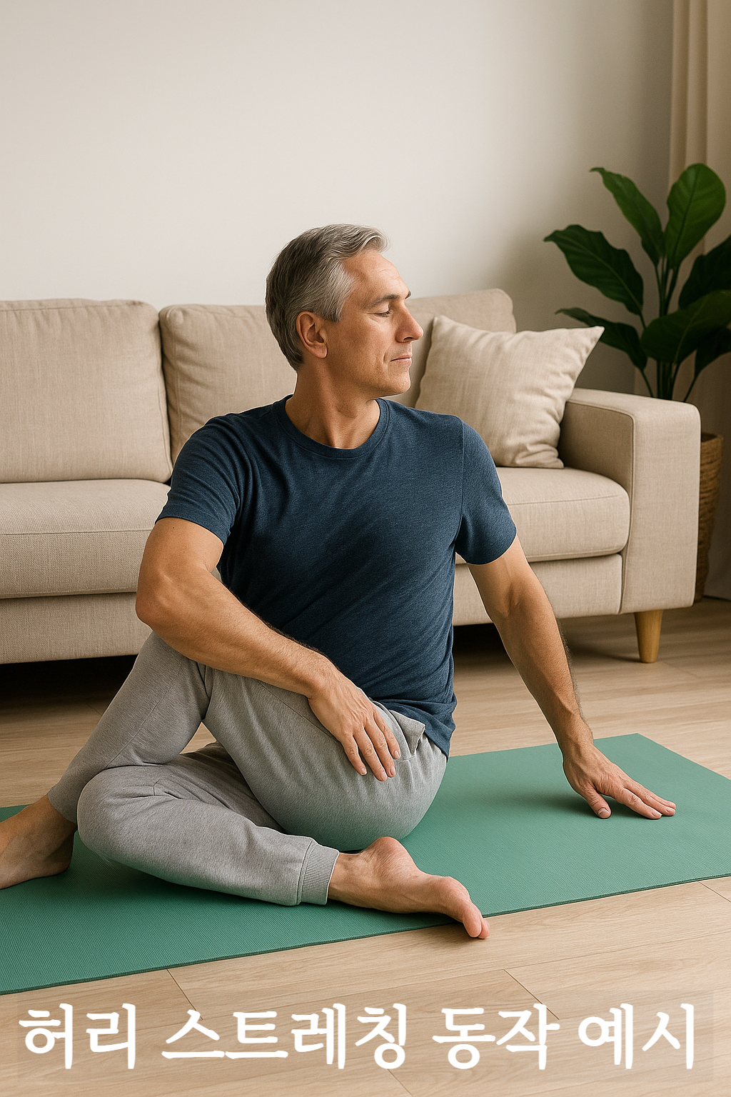 거실 요가 매트에서 상체를 비틀어 허리 스트레칭 하는 중년 남성