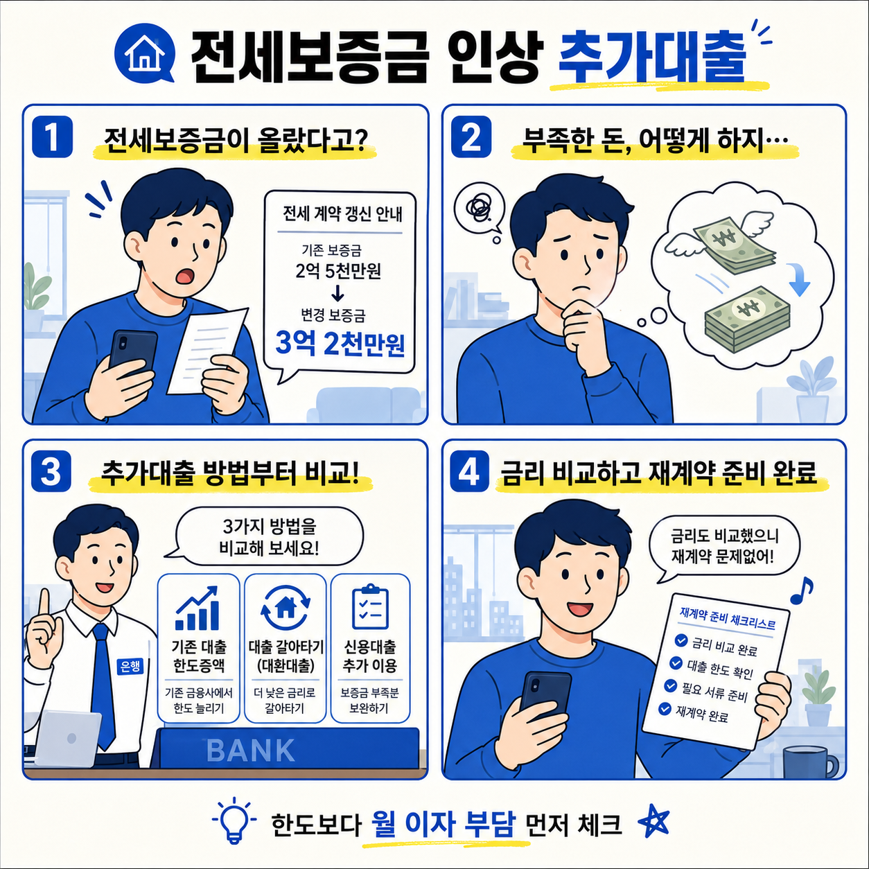 전세보증금이 올라 고민하는 세입자가 추가대출 방법과 금리를 비교한 뒤 재계약 준비를 마치는 과정을 4컷으로 설명한 금융 정보 만화 이미지