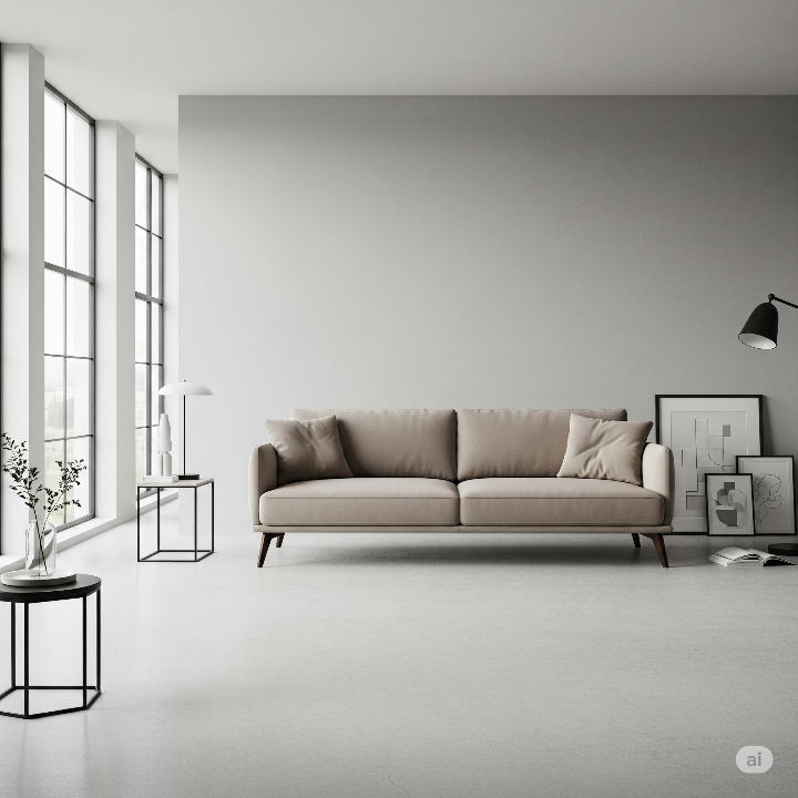 깔끔하고 정돈된 미니멀리스트 거실, 중성적인 색상과 필수 가구로 꾸며진 차분한 공간