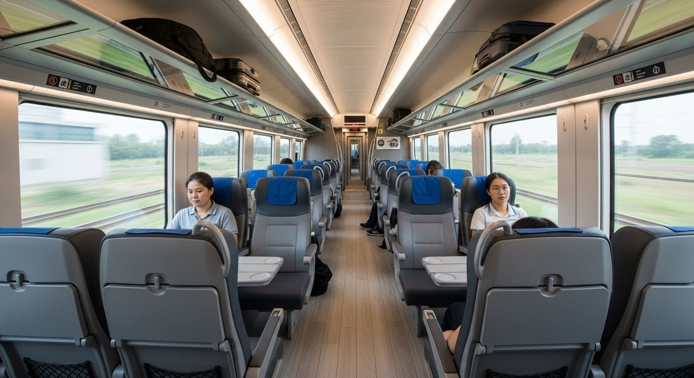 창밖 풍경이 보이는 기차 내부 좌석 전경