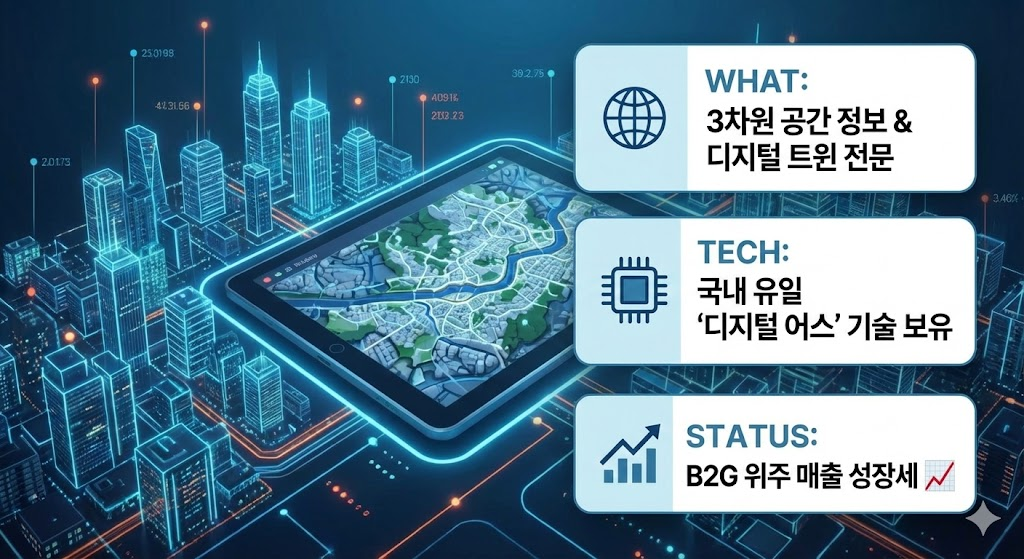 미래지향적인 도시 그래픽과 3D 지도를 보여주는 태블릿 이미지를 활용하여 이지스의 주력 사업인 '3차원 공간 정보'와 '디지털 트윈' 기술을 시각화했습니다. WHAT, TECH, STATUS 세 가지 핵심 포인트로 기업 정보를 명확하게 전달하는 카드뉴스입니다.