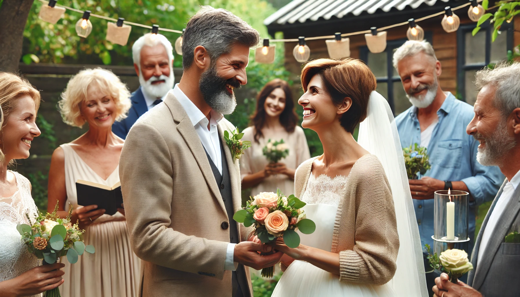 0대의 커플이 뒷마당에서 작은 결혼식을 올리고 있으며, 가까운 친구와 가족이 둘러싸여 있어 전통적이지는 않지만 진심이 담긴 결혼식을 묘사하고 있습니다