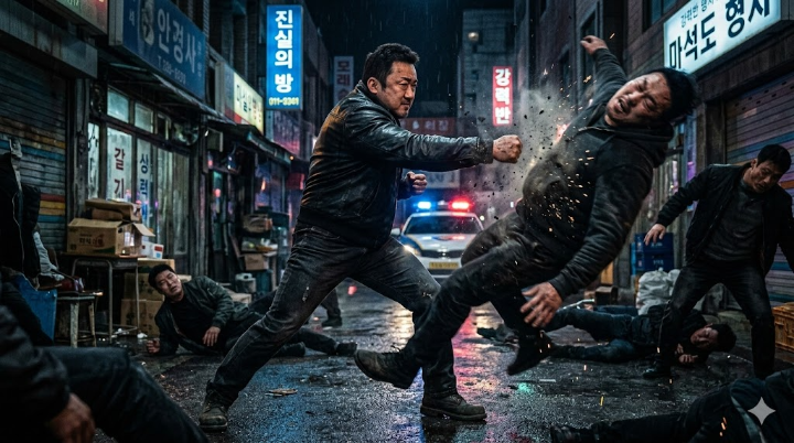 마동석 시네마틱 유니버스의 상징인 압도적인 액션과 정의구현의 순간을 담은 시각적 자료