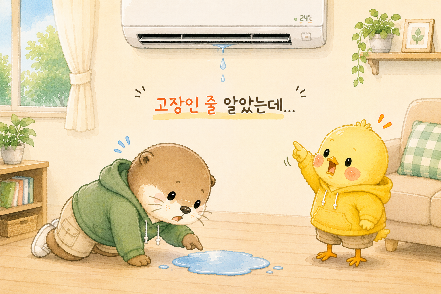 에어컨 물 떨어짐 원인을 확인하는 모습