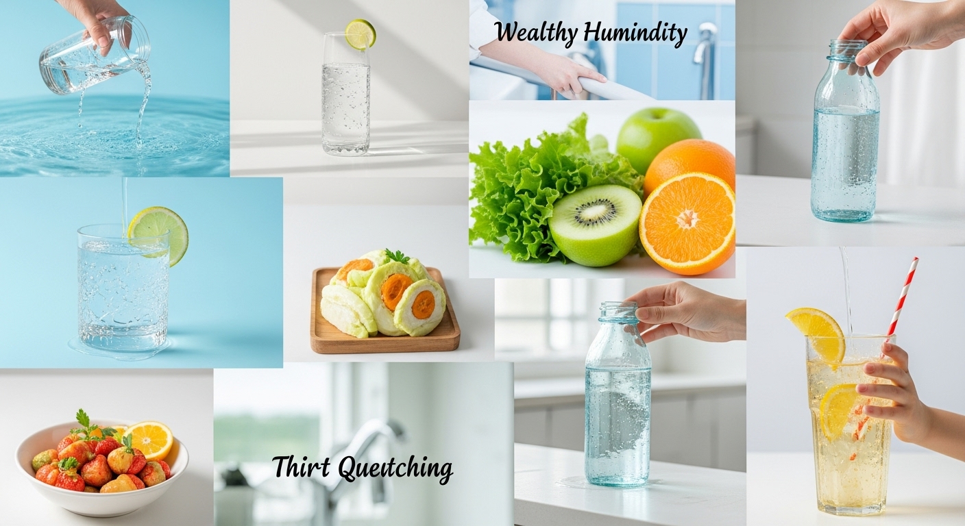 물, 과일, 건강 식단, 실내 습도 표시, 갈증 완화 관련 정보 이미지