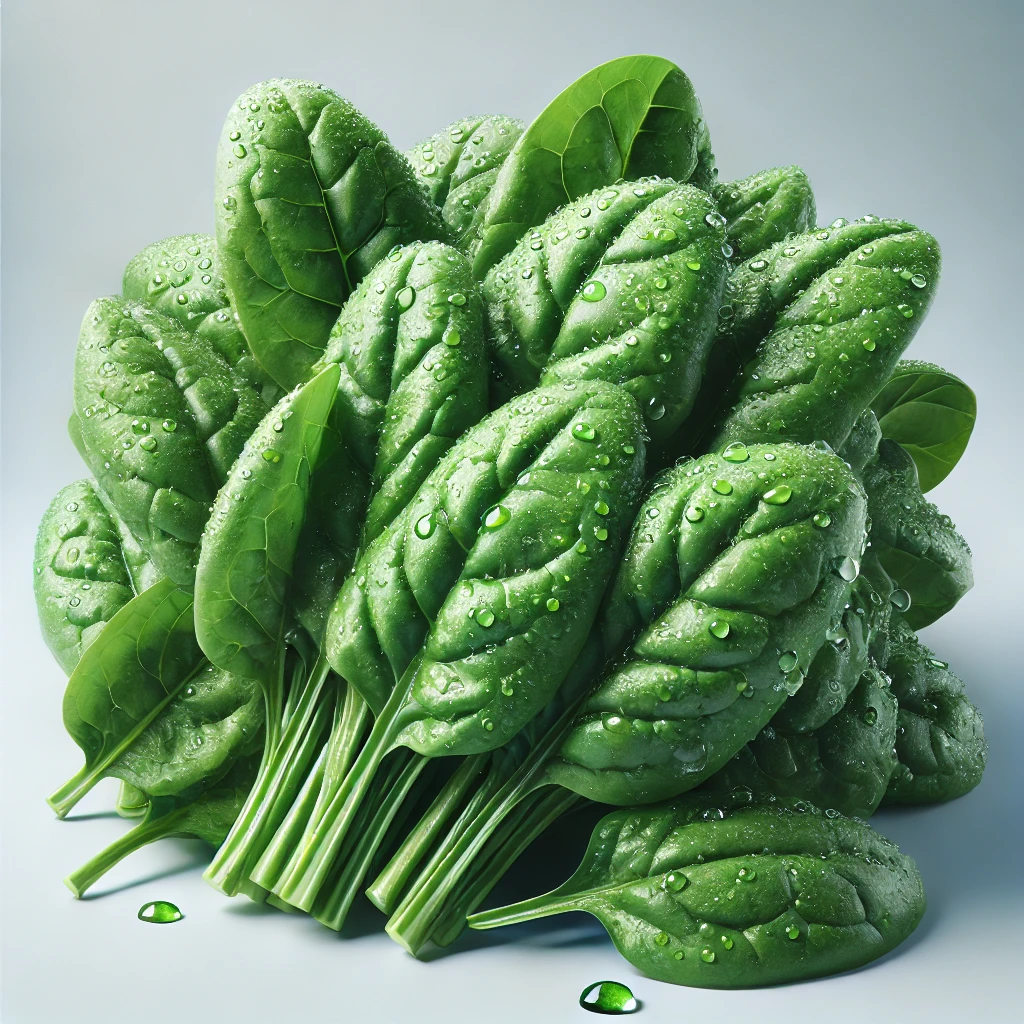 깨끗하게 씻은 신선한 시금치 한 무더기, 잎에 물방울이 맺혀있고 초록색이 선명한 모습