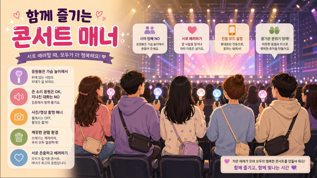 K-팝 콘서트 현장에서 응원봉 사용과 좌석 매너를 지키며 공연을 즐기는 팬 이미지