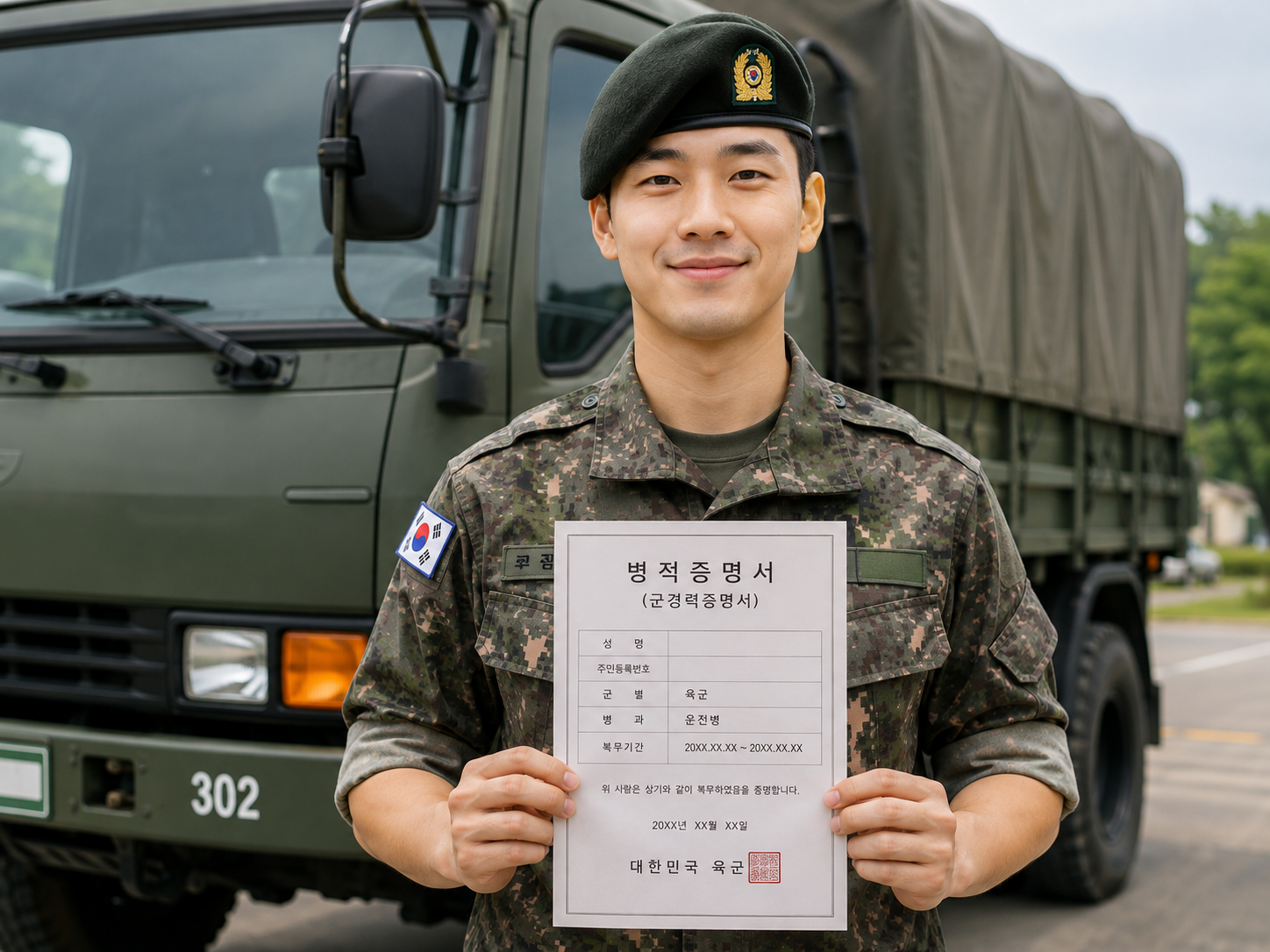 군 트럭 앞 병적증명서 인증샷