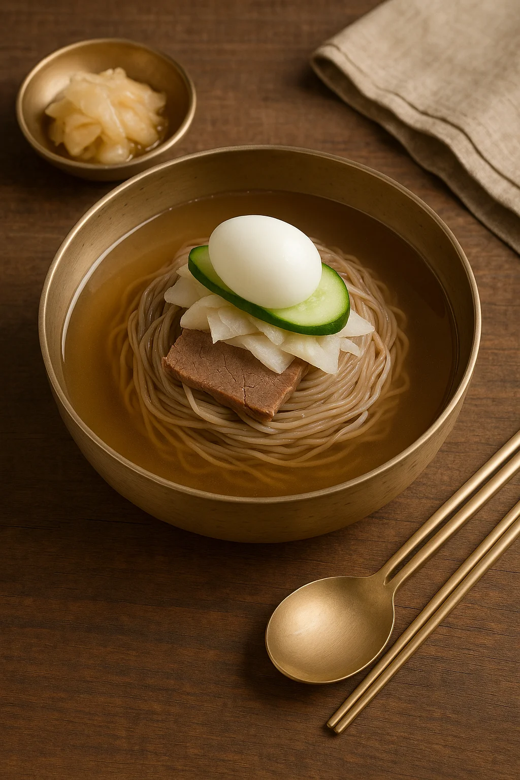 전통 식기 위에 정갈하게 담긴 평양냉면 스타일 음식 사진