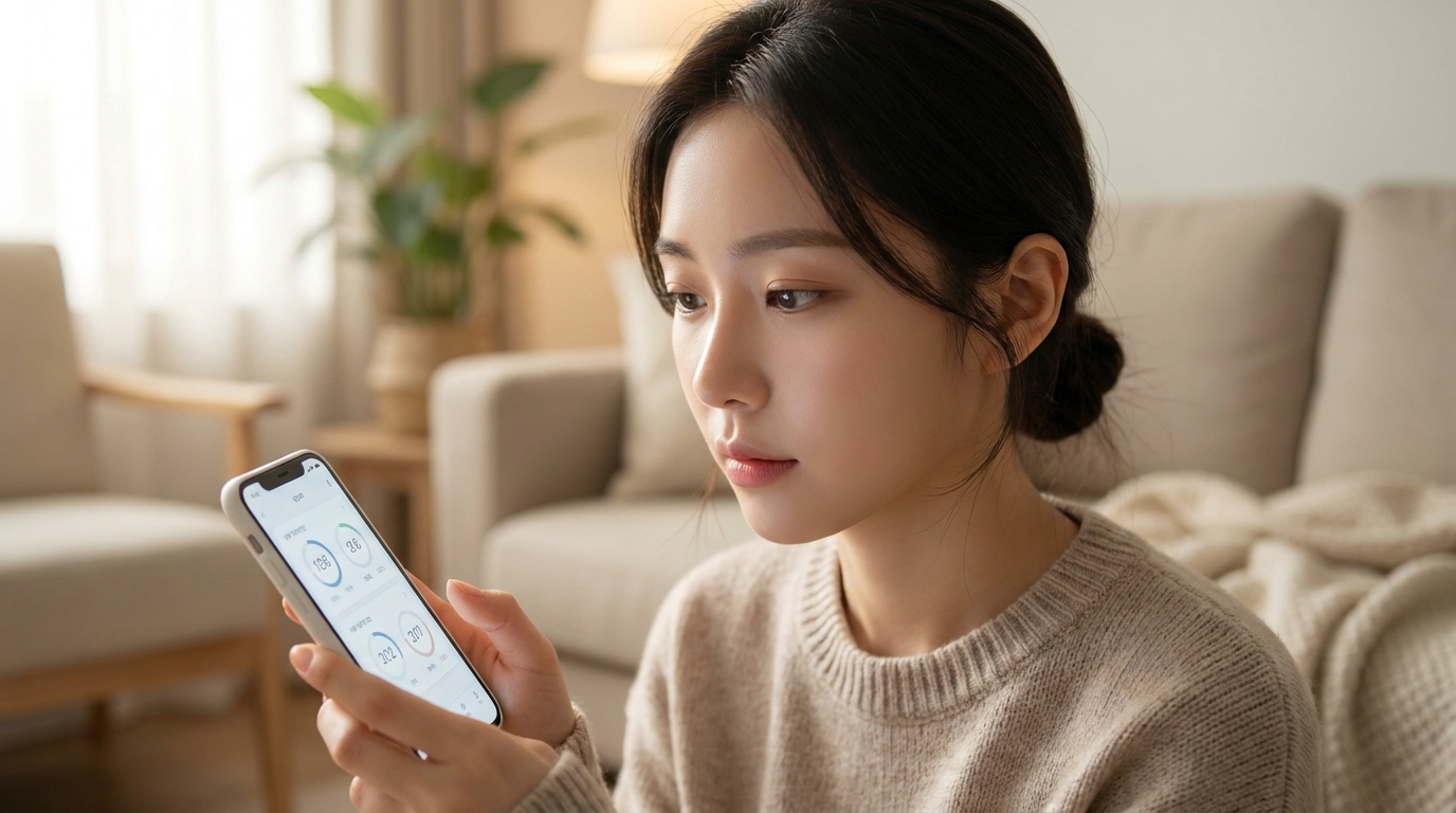 방 안에서 스마트폰 화면의 통신사 결합 요금 표를 꼼꼼하게 대조해 보는 젊고 청순한 한국인 여성