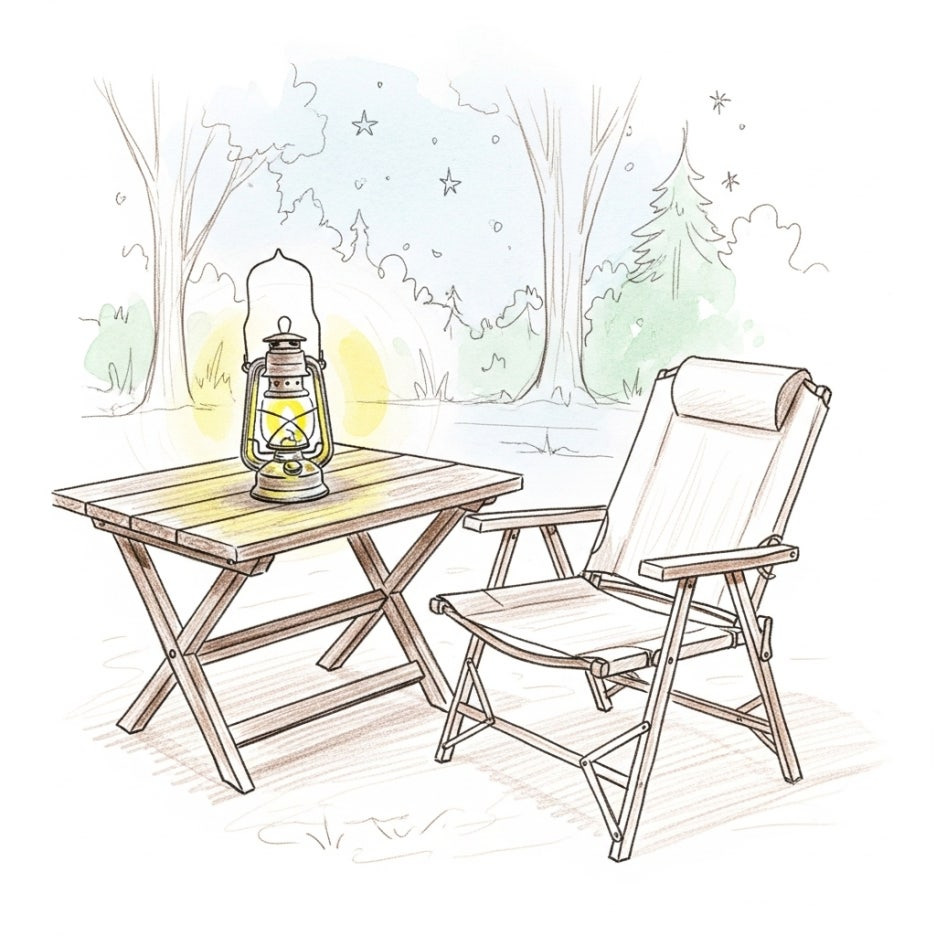 따뜻한 감성이 느껴지는 나무 테이블과 캠핑 장비들의 배치