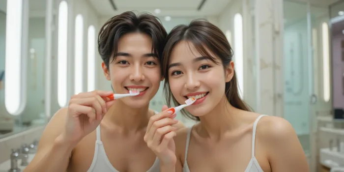 욕실에서 함께 아조나 치약으로 양치 중인 커플의 모습