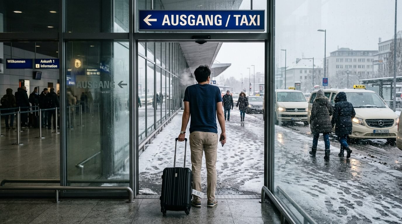 눈 내리는 독일 공항 앞에서 여름옷 차림으로 캐리어를 끄는 남성의 뒷모습