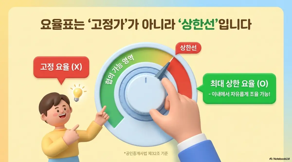 부동산 중개수수료: 중개수수료 요율표는 고정가가 아니라 상한선이라는 개념을 다이얼 게이지로 설명하는 인포그래픽 이미지. 이 이미지는 상한 요율 범위 내에서 협의가 가능하다는 핵심 정보를 시각적으로 전달하며&amp;#44; 블로그의 부동산 중개수수료 상한요율과 관련된 내용을 설명함