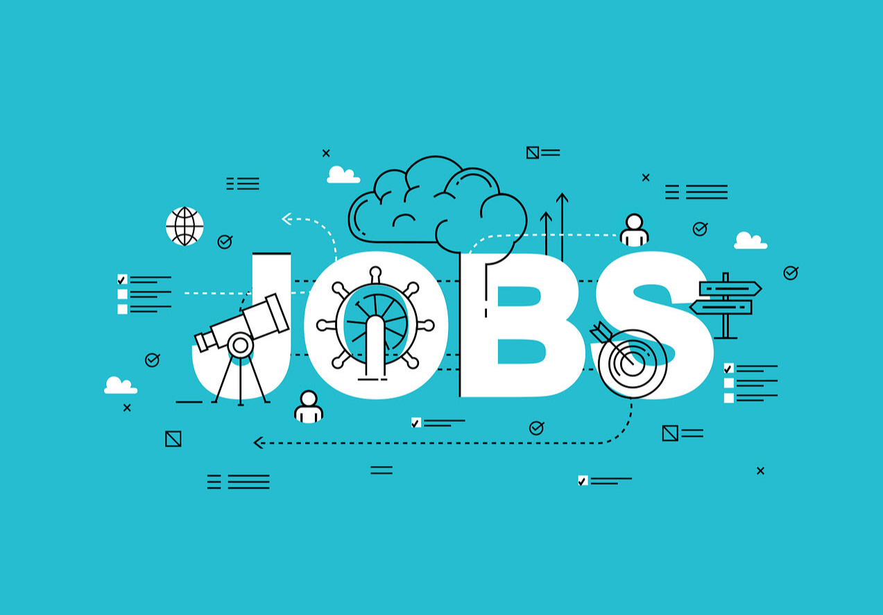 옥색컬러에 배경에는 여러가지 기능 그림이 그려져 있고 중앙에 JOBS이라는 철차가 적혀있음