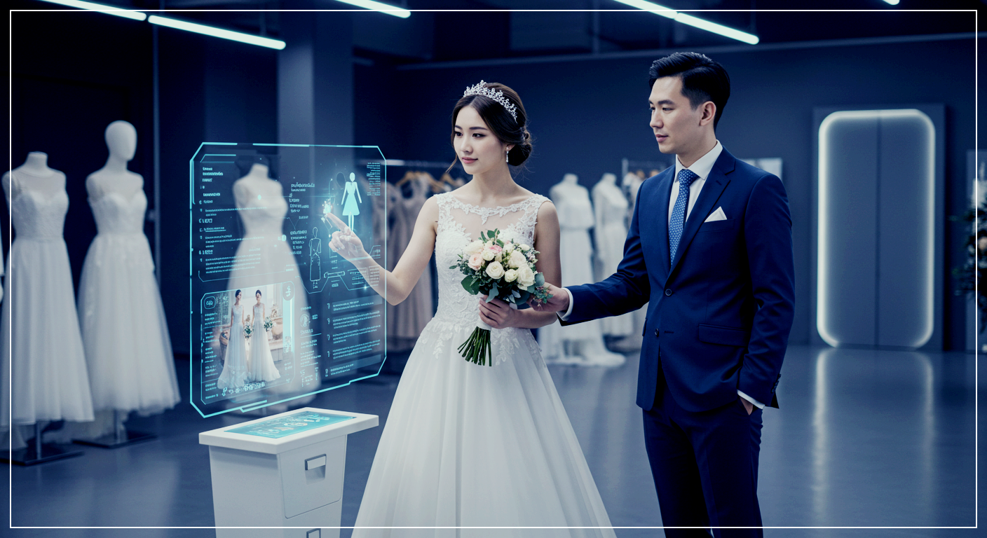 Young bride and groom in wedding attire with futuristic AI wedding planner