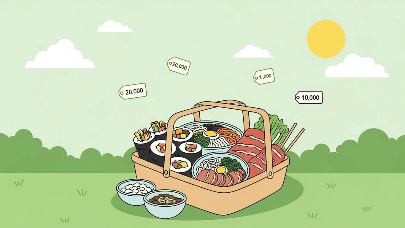 장바구니-김밥-비빔밥등음식이닮겨있고-가격이 주위에 표시되어있다