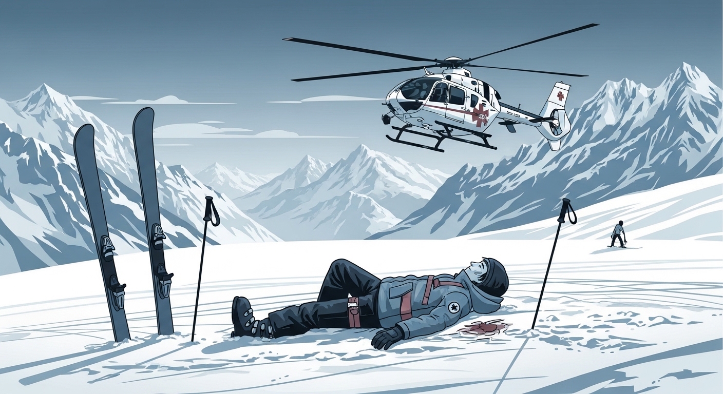 해외 스키장에서 부상당한 사람과 착륙하는 의료 헬기. 높은 헬기 이송 비용과 해외 의료비의 심각성을 암시하는 장면.