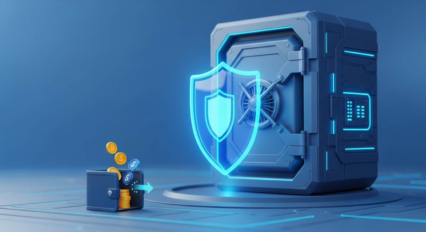 디지털 자산의 안전성을 상징하는 이미지. 해킹 공격을 받은 핫월렛과 대조적으로, 푸른빛 보호막으로 둘러싸인 거대한 콜드월렛 금고가 굳건히 서 있는 모습. 네이버-두나무의 강력한 보안 역량을 강조.