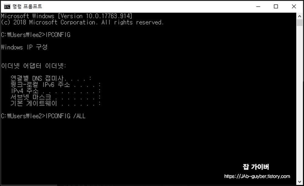 ipconfig all 명령어로 네트워크 전체 정보 조회