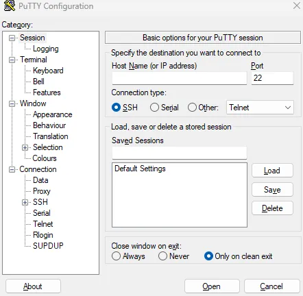 PuTTY가 실행된 모습.