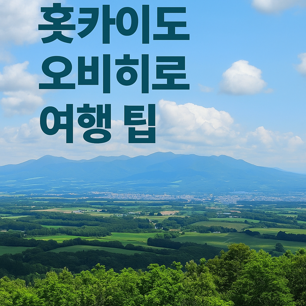 일본 홋카이도 오비히로 전경을 담은 풍경 이미지. 넓게 펼쳐진 도카치 평원과 푸른 산맥, 맑은 하늘이 어우러져 여행지의 평온한 분위기를 전해준다. '홋카이도 오비히로 여행 팁'이라는 문구가 중앙에 강조되어 있다