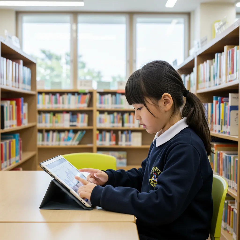 전자책으로 책을 읽는 초등학생