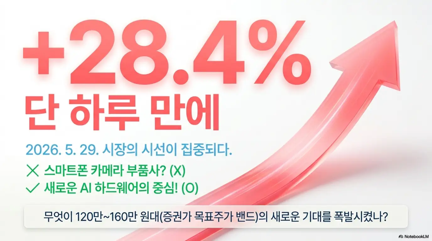'LG이노텍 주가가 단 하루 만에 28.4% 급등'이라는 문구가 포함된 이미지. 2026년 5월 29일 LG이노텍이 스마트폰 카메라 부품사를 넘어 새로운 AI 하드웨어의 중심으로 평가받으며 증권가 목표주가 120만~160만원대 기대가 커진 상황을 시각적으로 전달하며, 블로그의 LG이노텍 주가 전망과 관련된 내용을 설명함