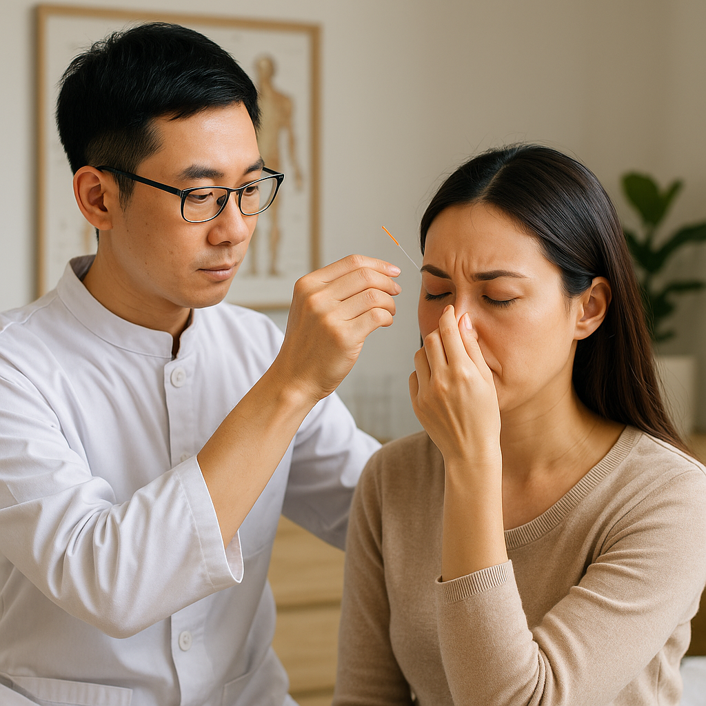 한의사가 알레르기비염으로 고통받는 여성의 이마 부위에 침 치료를 시행하는 모습