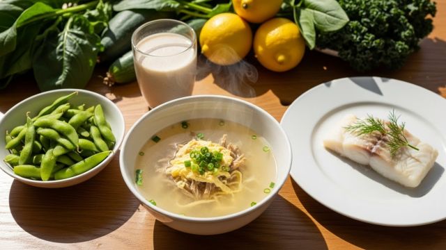 알부민 수치 회복에 좋은 북어국, 흰살생선, 완두콩 등 고단백 식품으로 구성된 2026년형 건강 식단 이미지