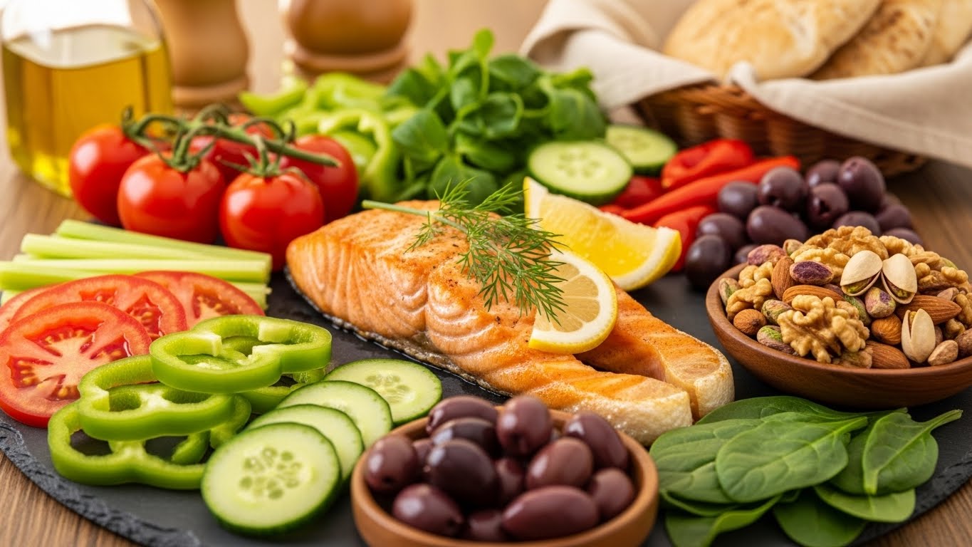 항염 효과가 뛰어난 신선한 채소와 연어, 견과류가 포함된 지중해식 식단 이미지
